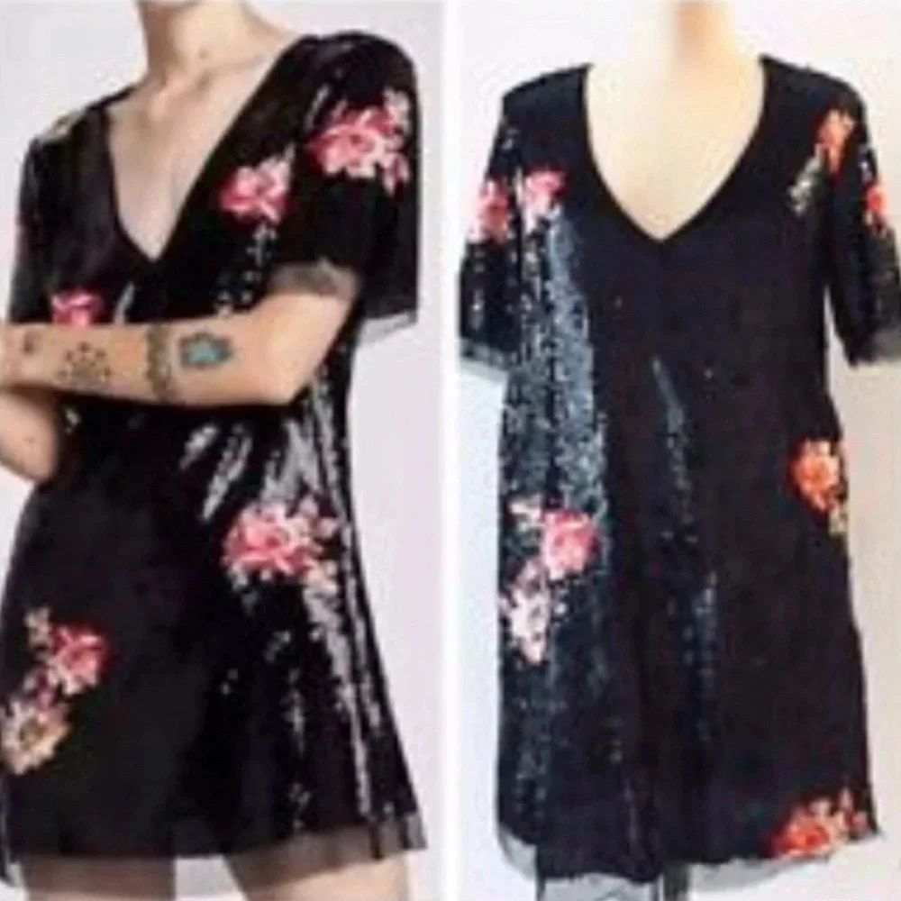Zara Black Sequin Dress with Floral Accents size XS NEW - Picture 1 of 10